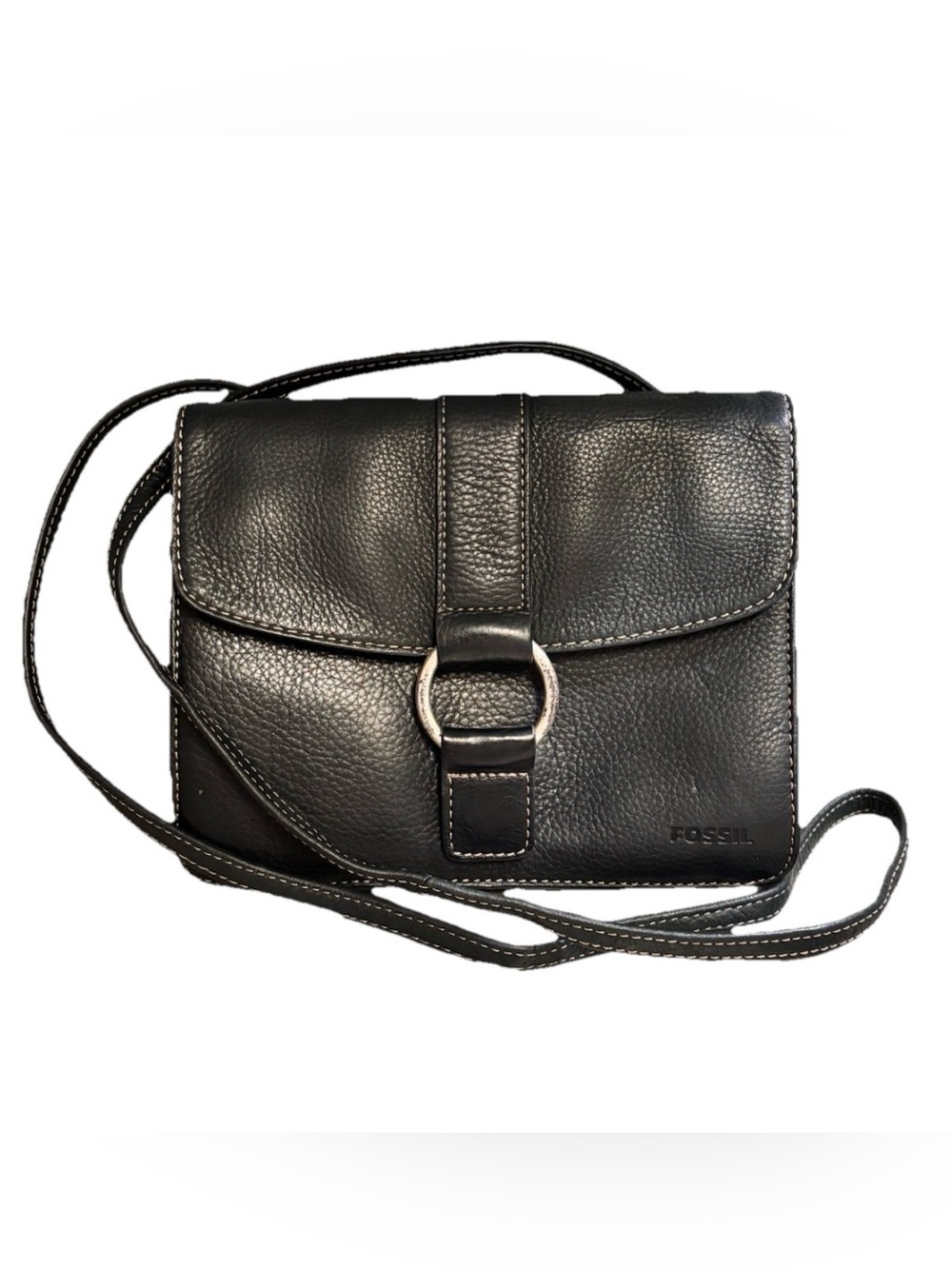 Vintage Fossil Black Pebbled Leather Crossbody Organizer Purse Minimalist
